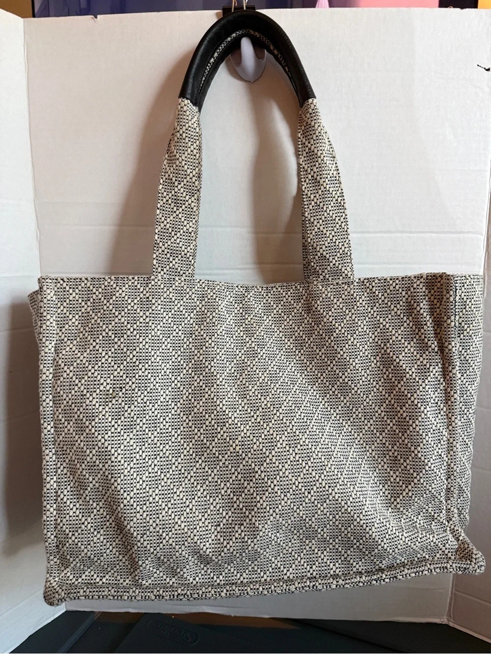 Sonoma Cream and Black Woven Tote with Black Handles